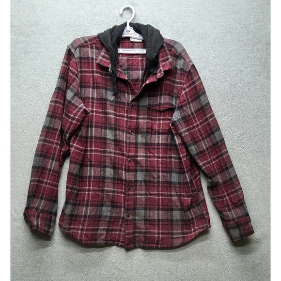 Vans Men Button Up Shirt L Red Plaid Flannel Hooded Grunge Long - Picture 1 of 9